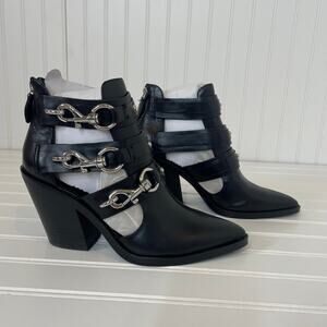 NWT Rebecca Minkoff Black Leather Seavie Cutout Dog Clip Bootie Strappy Heel 9.5